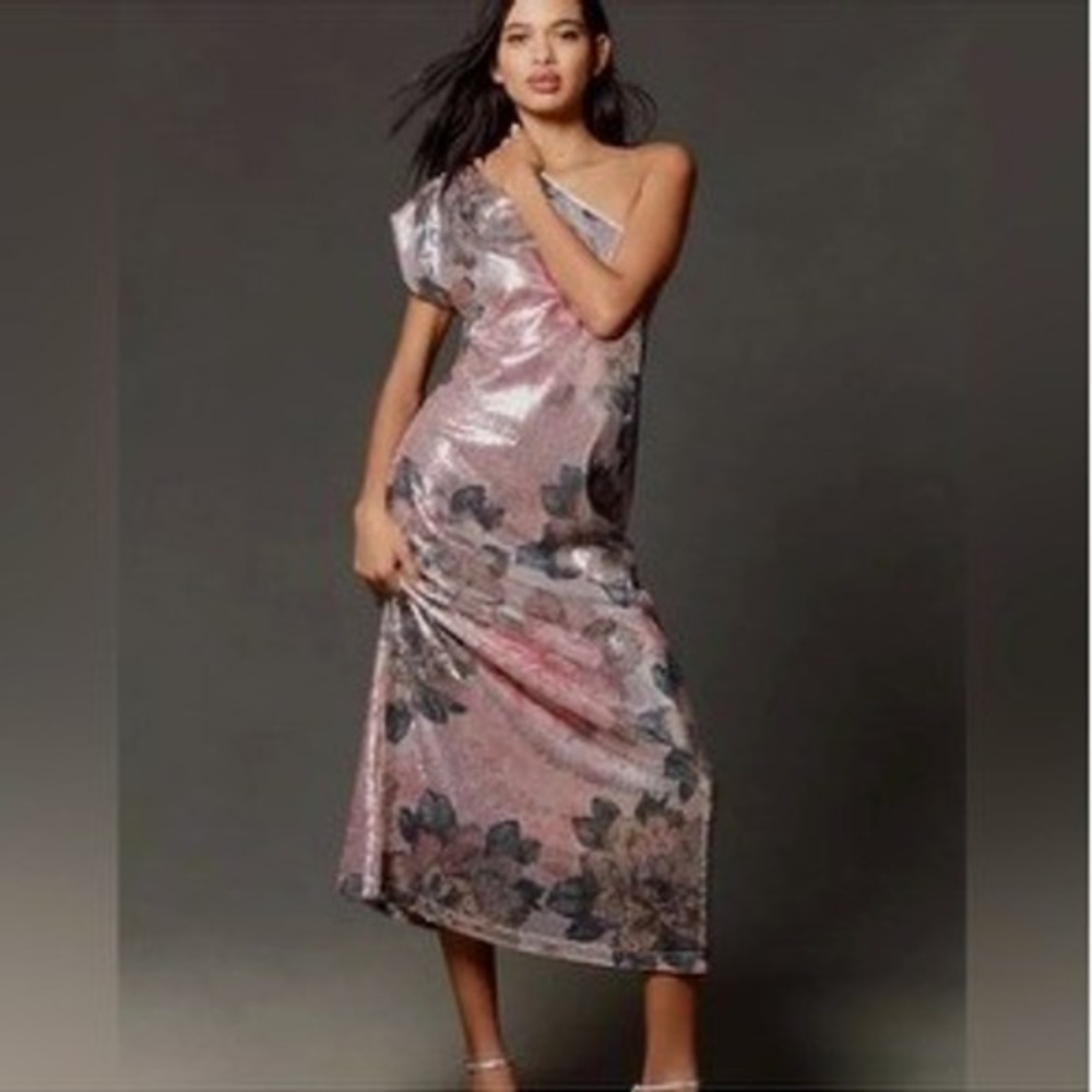 Anthropologie x Porridge Pink Floral Sequin One Shoulder Cocktail Dress Glam